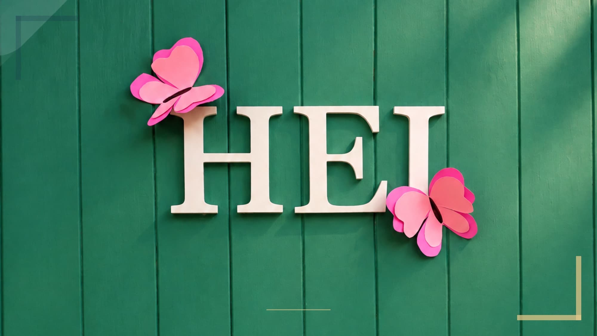 Letras HEI sobre una pared de madera verde, decoradas con mariposas de papel rosa.